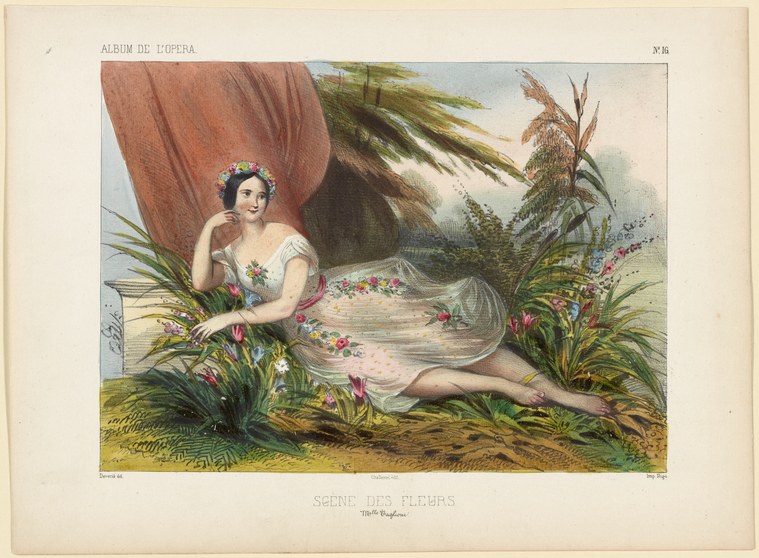 A woman in a white flowered dress reclines on the ground, supported on one elbow, surrounded by flowering plants, with a red drapery behind her.