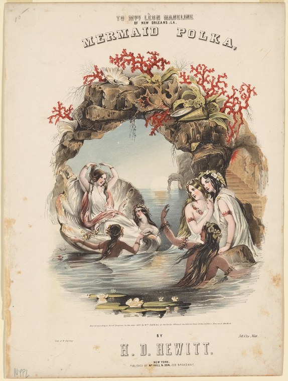 Hand-colored lithograph of two pale women on a shore and two figures dancing in water beneath a coral arch, titled Mermaid Polka.