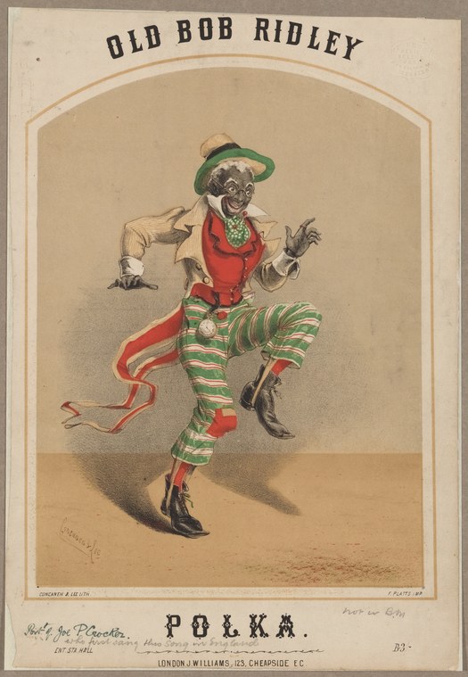 A caricatured figure in red jacket and green-striped breeches dances with one leg raised, arms spread, a red ribbon trailing from his hand.