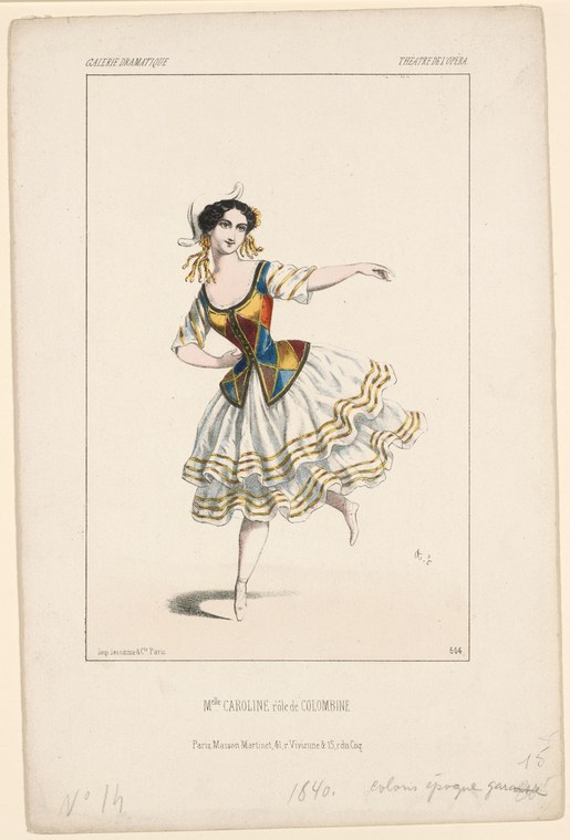 A woman in a Romantic-era theatrical costume performs a lively turn, her right arm extended, wearing a tiered gold-trimmed skirt and fitted bodice.