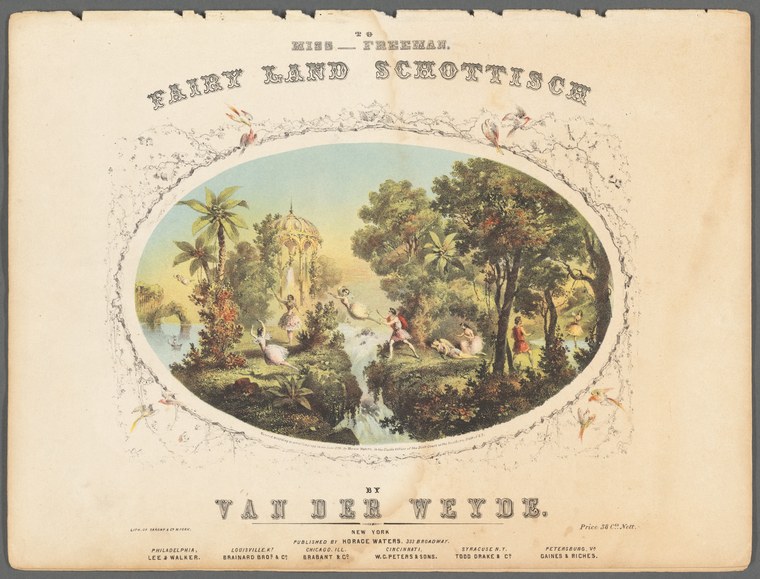 Hand-colored lithograph showing couples dancing in a romantic woodland setting with palms and classical ruins, titled Fairy Land Schottisch.