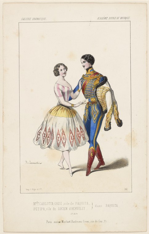 Hand-colored lithograph of two dancers: a woman in pale tulle skirt and pink bodice on pointe, and a man in ornate military uniform, holding hands in a moment