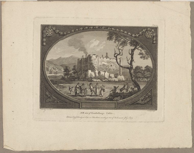 Engraving of figures gathered to dance beside a fortified castle on a riverbank, with mountains and sky beyond.