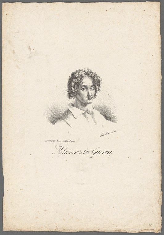 Formal engraved portrait of a young dark-haired man in white collar against plain background, identified as Alessandro Guerra.