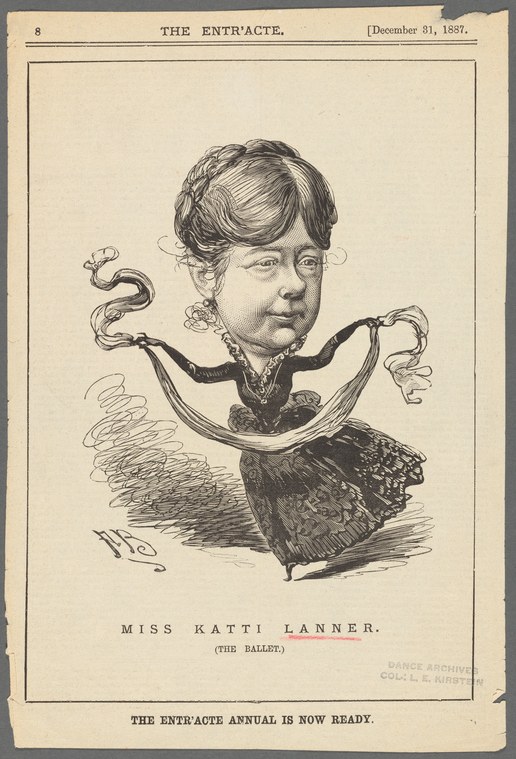 Pen-and-ink caricature of a young woman in 1880s dress with exaggerated balletic arm poses, published in The Entr'acte, 31 December 1887.