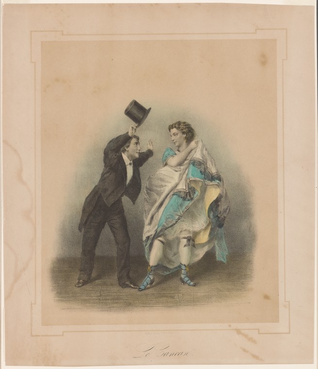 Hand-colored engraving: a man in a tailcoat leans toward a woman in a turquoise dress whose leg is extended high; he holds his top hat aloft in surprise.