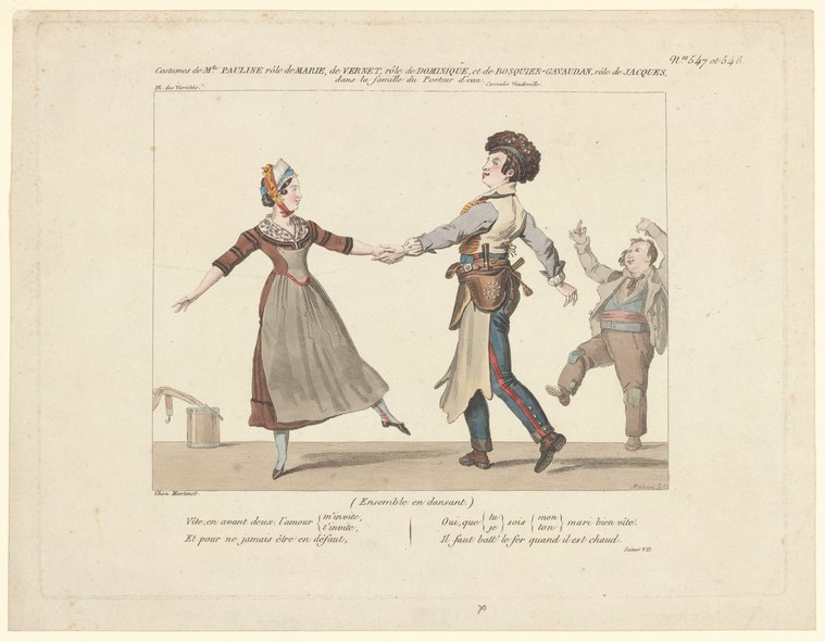 Three figures in early 19th-century theatrical costume strike poses of comic flirtation in a vaudeville scene.