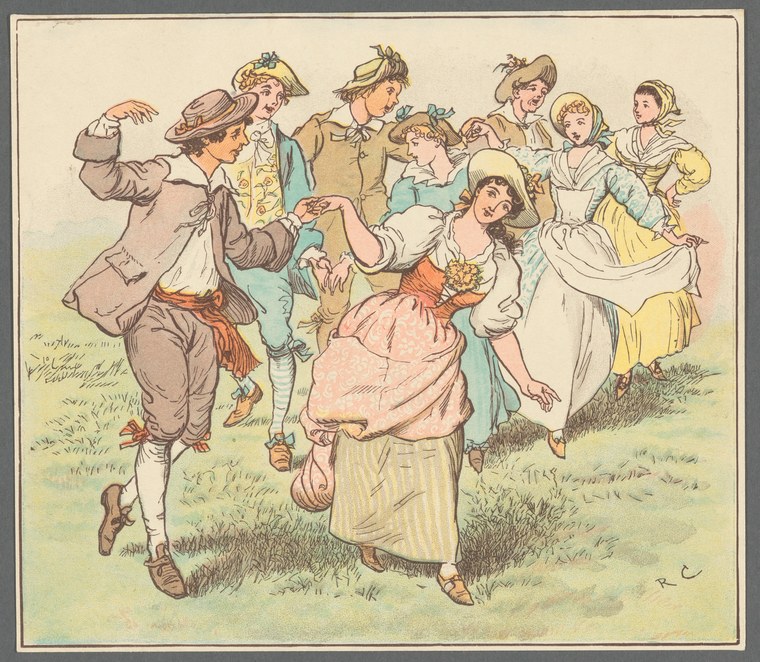 Eight young people in eighteenth-century rustic dress dance and watch in a meadow; a woman in pink laughs as a man in brown gestures toward her.
