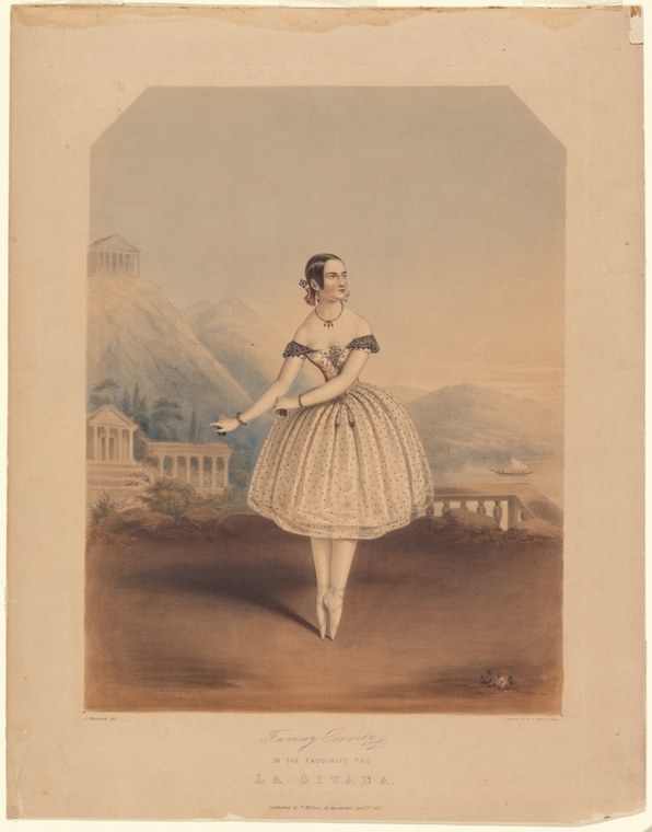 Woman in pale tulle skirt and dark bodice stands in three-quarter profile, right arm extended, with Mediterranean ruins and seascape behind her.