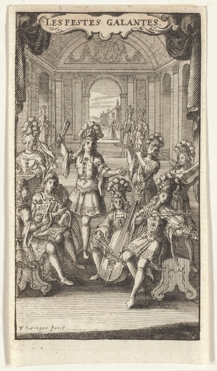Engraving of a Baroque court ball showing couples in formal dress dancing in a grand columned hall while others watch.