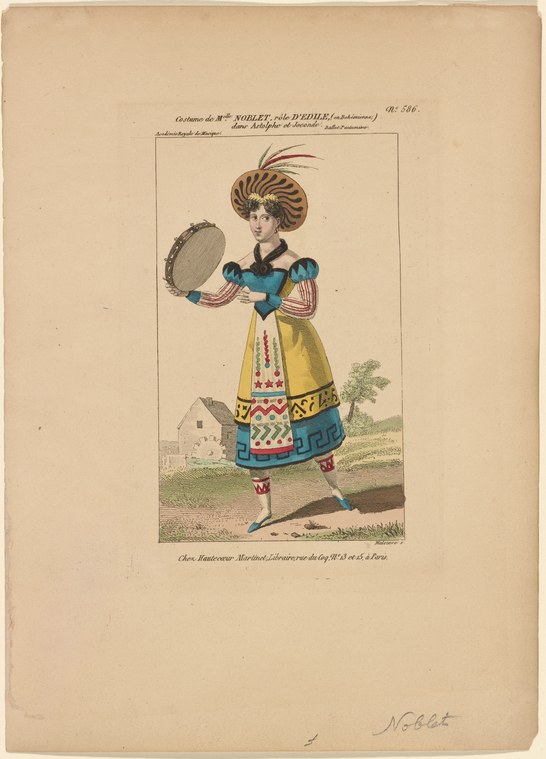Hand-coloured engraving of a young woman in Bohemian costume with feathered headdress, blue bodice, and patterned yellow skirt, holding a tambourine.