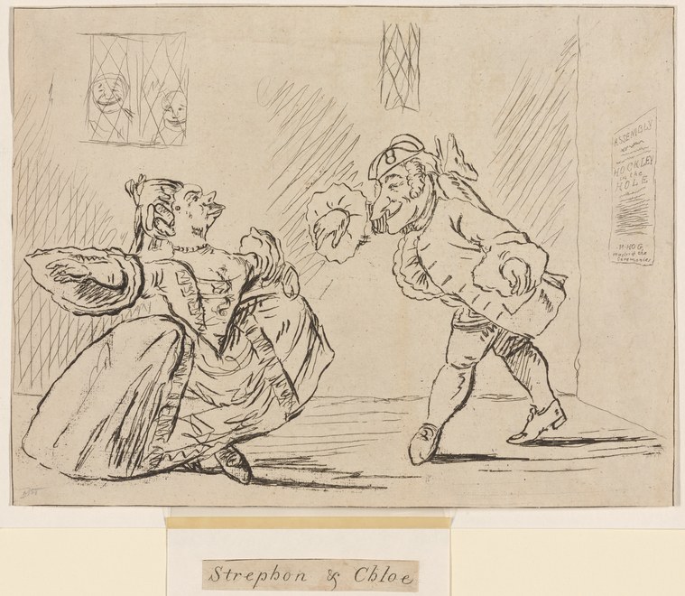 Etching of two exaggerated figures in theatrical encounter: one gesturing eloquently in cape, the other in lunging posture, with observers at a window above.