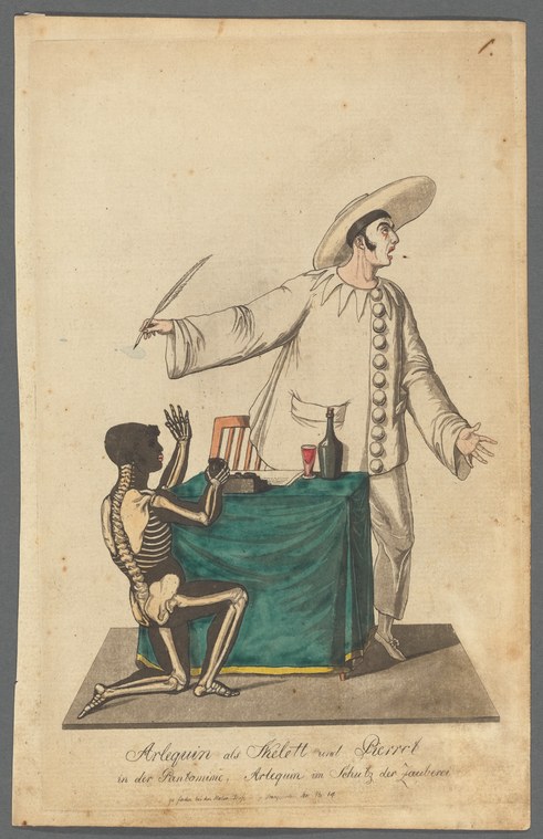 An 18th-century engraving showing a costumed performer gesturing toward a skeleton seated at a draped table.