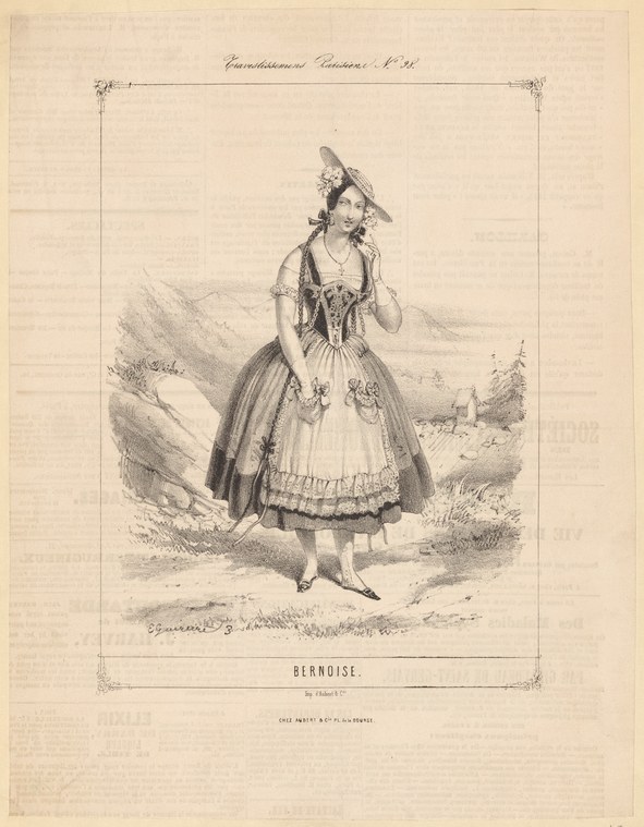 Hand-colored engraving of a young woman in Alpine folk costume: white chemise, dark laced bodice, full skirt with lace apron, feathered bonnet. Mountains in