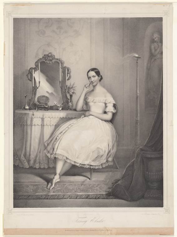 Woman in white dress seated at a dressing table with mirror, candlelight, and flowers; nineteenth-century engraving.