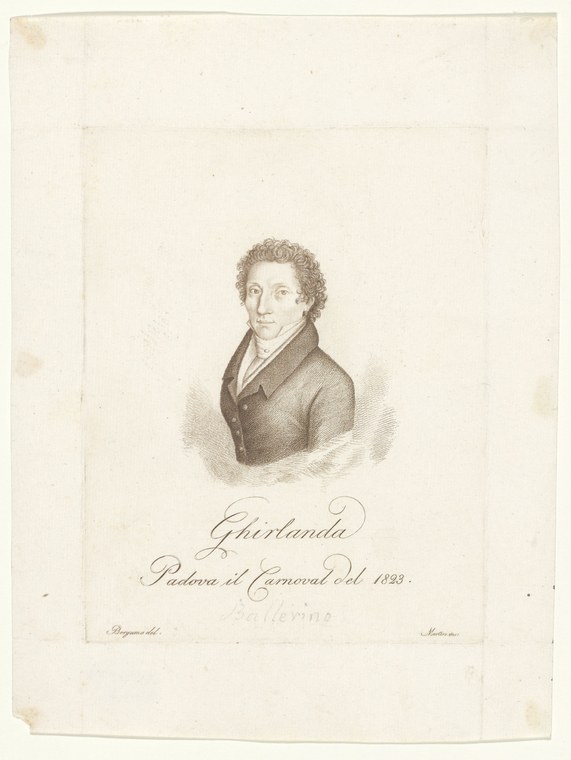Sepia engraving of a young man in formal 1820s dress, identified as the dancer Ghirlanda, Venice Carnival 1823.
