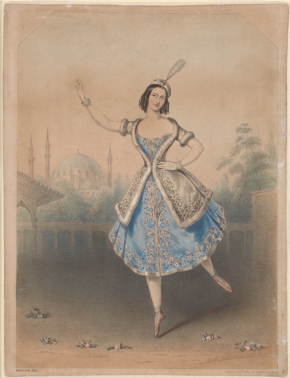 A young woman in Romantic-era ballet costume performs a jump, one leg extended upward, arms raised gracefully, wearing a blue and white tutus and feathered