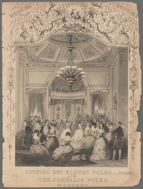 Ornately dressed figures gather in a grand ballroom lit by a chandelier, the architecture framed by a decorative botanical border.