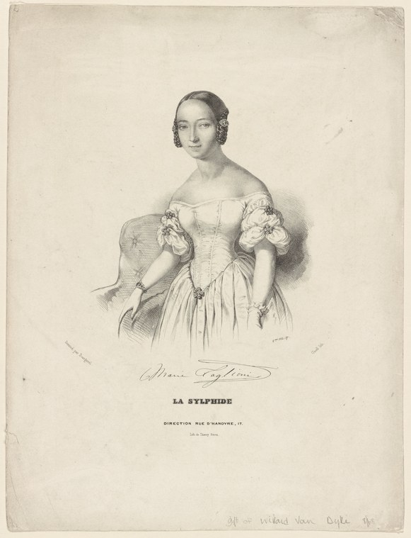 Young woman in pale ball gown with off-shoulder sleeves, standing in three-quarter pose with arms open, identified as Marie Taglioni in the role of the