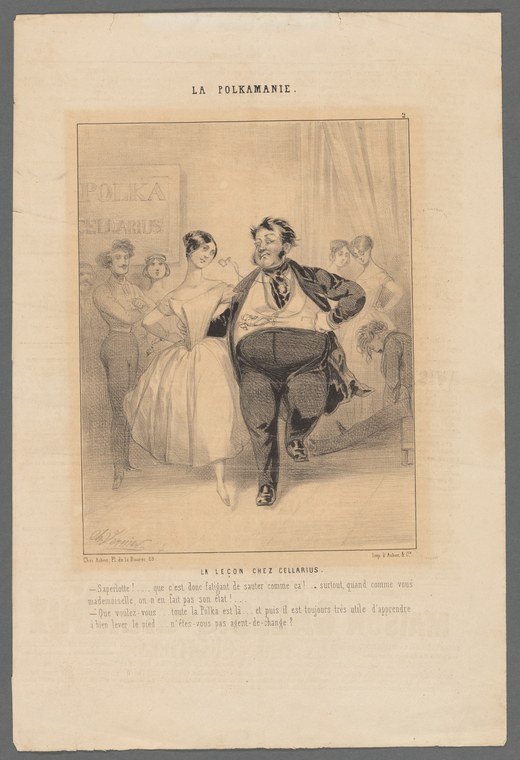 Lithograph: an ungainly gentleman in dark coat struggles through a polka step with a graceful woman at Cellarius's dance studio in Paris, surrounded by