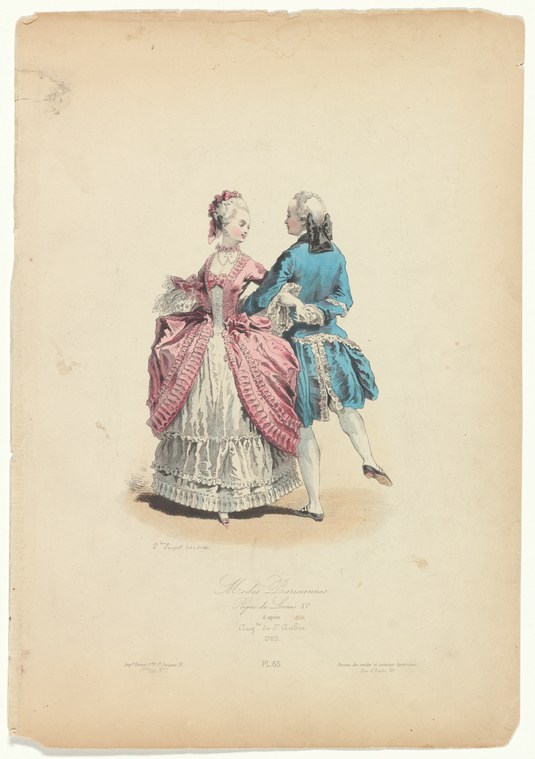 Hand-colored engraving of two aristocratic figures in 18th-century dress, man in blue coat and woman in rose-pink gown with panniers, engaged in social