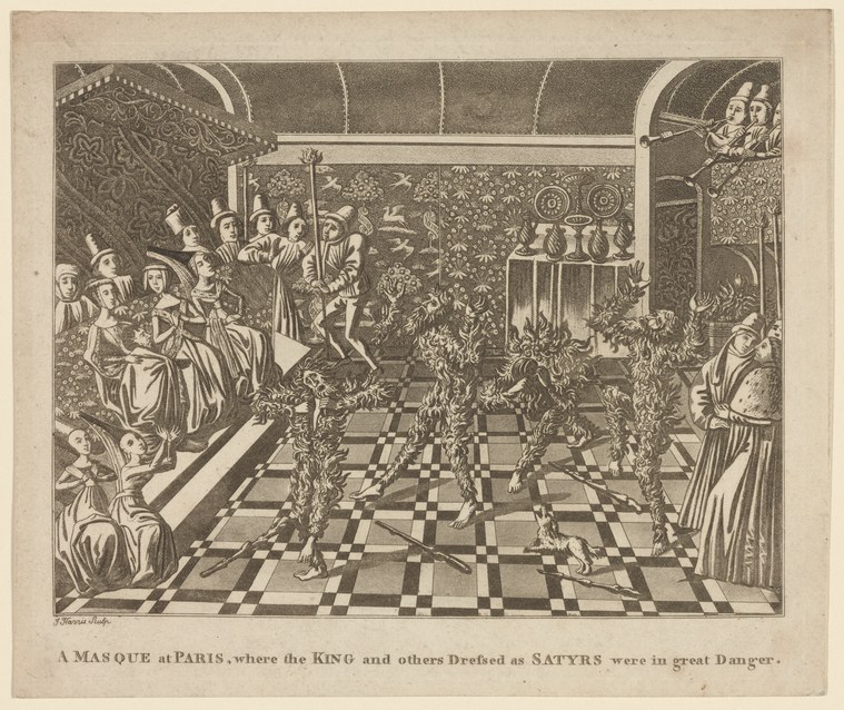 Engraving showing costumed satyrs performing wildly in a grand hall while courtly observers stand formally at left, rendered in Renaissance style.