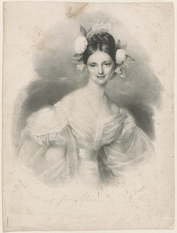 Half-length portrait of a woman with dark hair adorned with pale flowers, wearing a white off-shoulder gauze dress, gazing slightly to the left.