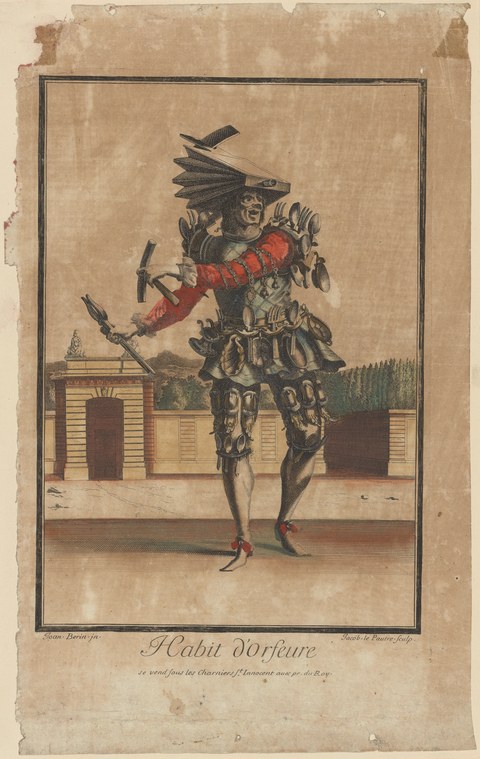 Hand-colored engraving: a figure in a dark jacket with red drapery and feathered headdress poses on one leg with dramatic twist in a classical courtyard.