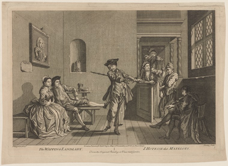 A man extends a long stick toward two seated women in a tavern; one rocks back in exaggerated response. Other figures watch from behind.