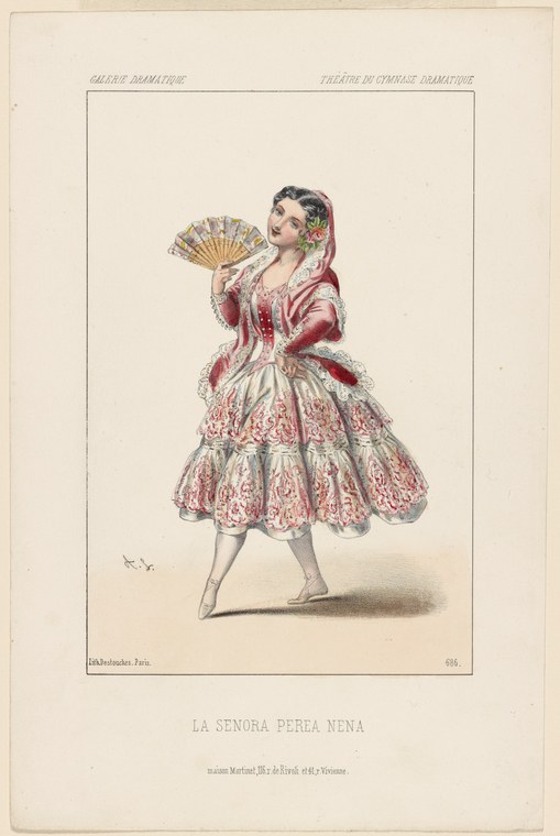 A woman in mid-nineteenth-century costume holds a fan, her voluminous patterned skirt lifted to reveal her legs.