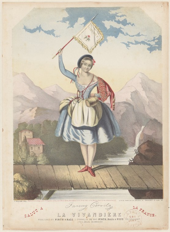 Fanny Cerrito in white chemise and layered skirt, red velvet jacket, and bonnet, standing on a bridge holding a small flag aloft, mountainous landscape behind.