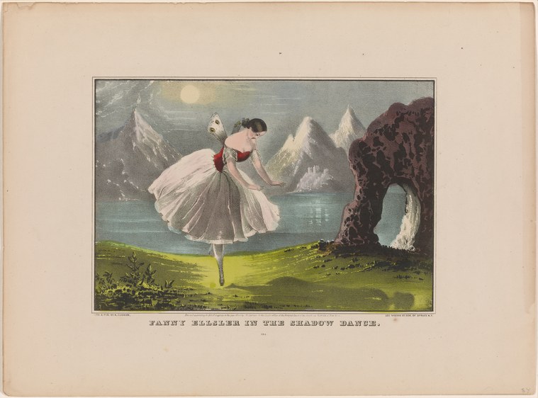 A ballerina in pale tulle and pink bodice dances alone on moonlit grass beneath snow-capped mountains.
