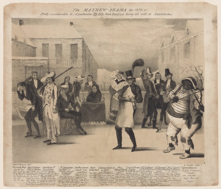 Early 19th-century satirical engraving of a chaotic dance scene with figures in period dress gesturing wildly in a frontier settlement.