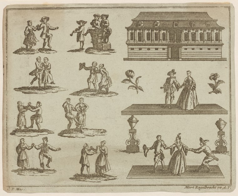 Composite engraving showing twelve separate scenes of 17th-century peasants in couples and groups dancing, courting, and gesturing near a manor house.