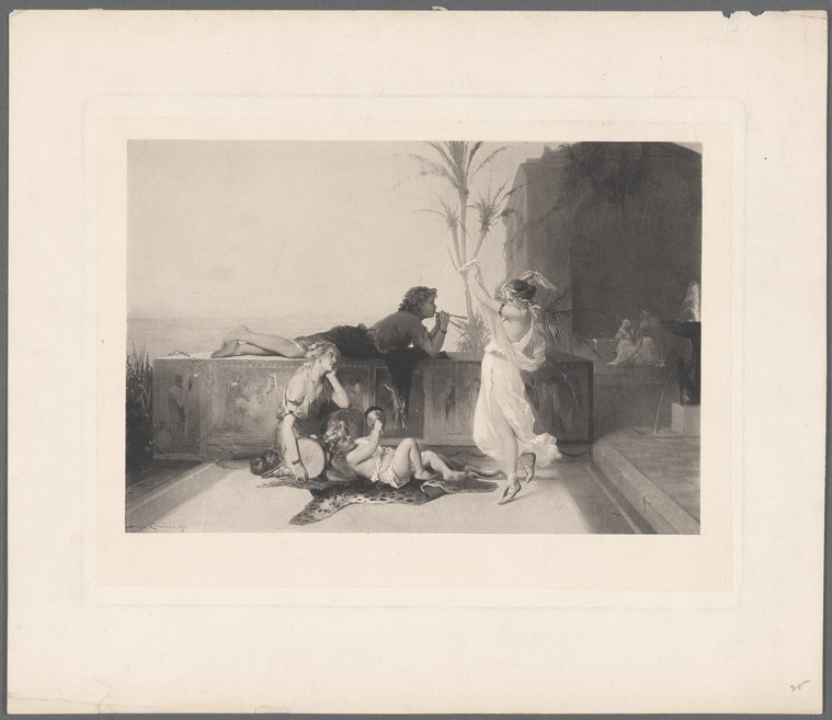 Two children in white drapery play on a sunlit stone terrace; a woman and man in classical dress observe from behind, overlooking a distant landscape.