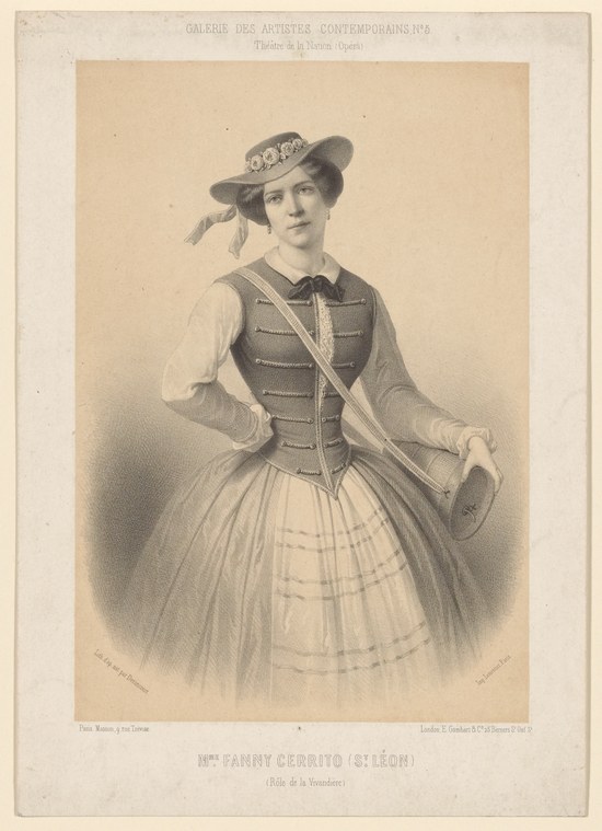 A woman in 1840s military dress holds a rifle and feathered hat, standing frontal in a theatrical portrait engraving.