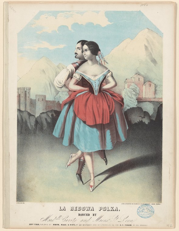 Colored lithograph of a female dancer in pale blue bodice and red skirt, in contrapposto pose, with fortress and mountains behind.
