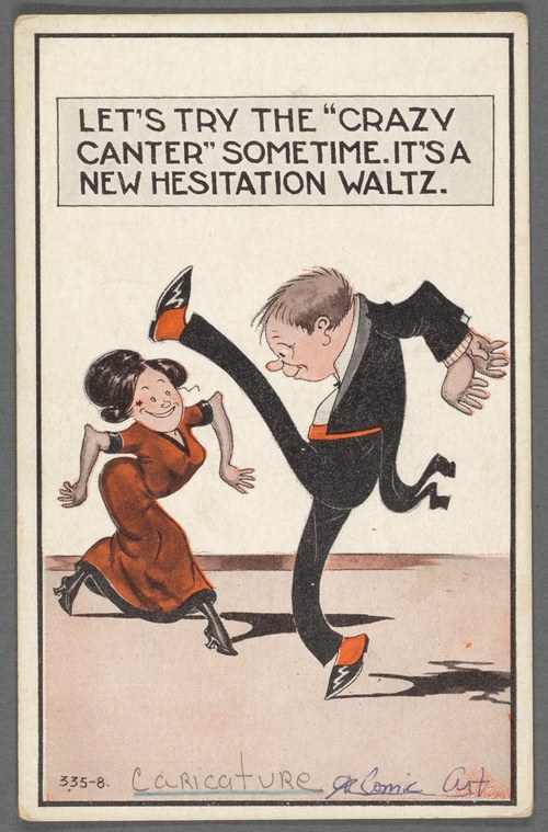 A man in a black tailcoat and woman in a rust-red dress perform an exaggerated waltz, the man's leg kicked high and torso tilted back sharply, the woman