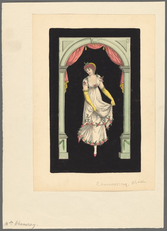 A woman in a white Empire-line dress stands in a classical interior, framed by a proscenium arch with red curtains, in a refined balletic pose.