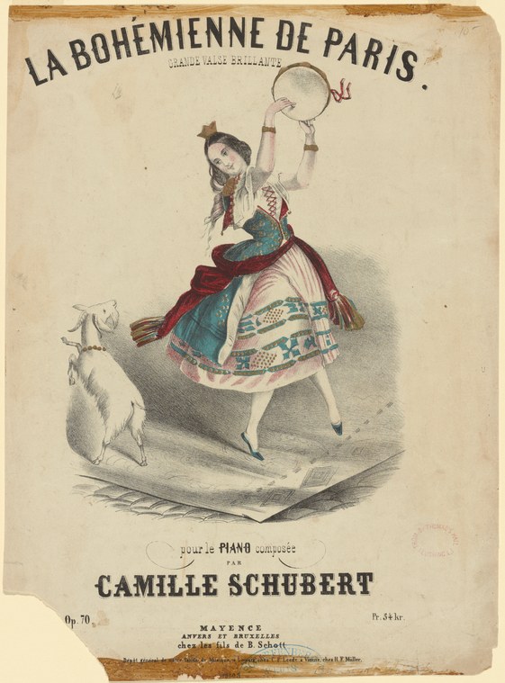 A young woman in a blue corset and cream skirt executes a turning movement, arms raised, with a small white dog watching at her feet.