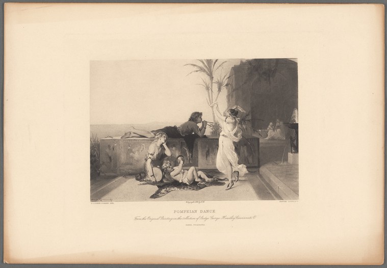 Engraving of a woman in white drapery with raised arms performing before seated figures in a classical Mediterranean setting.