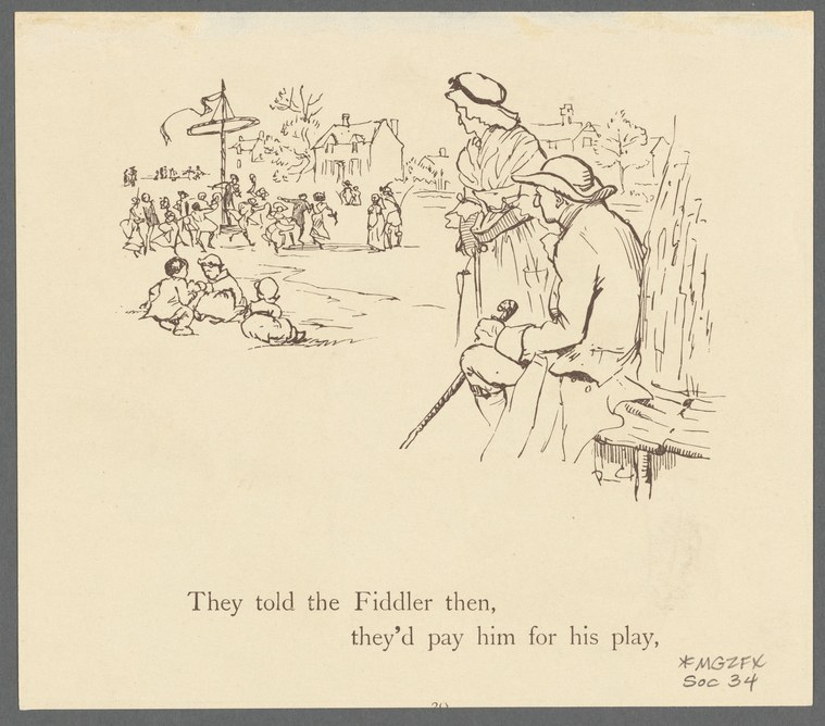 Pen sketch of four couples dancing in rustic dress at a village fair, with crowds and buildings behind and a fiddler being paid for his music.
