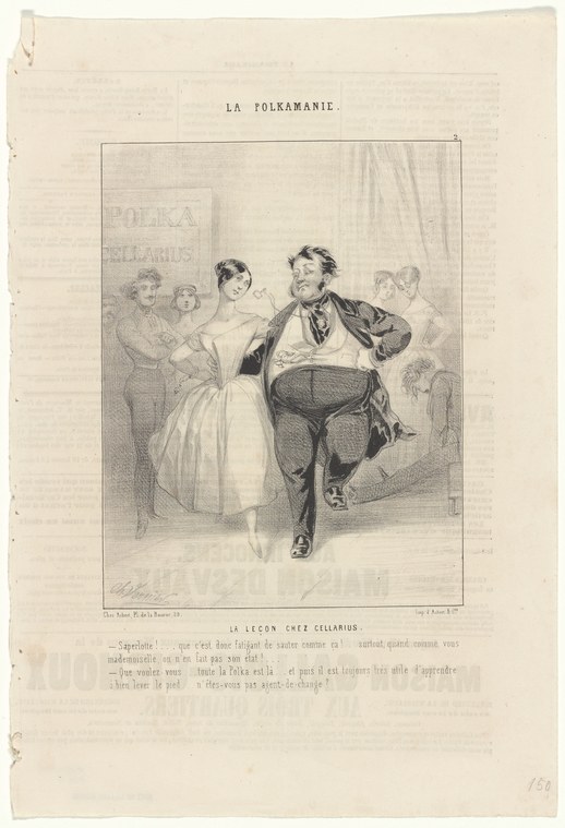 Lithograph of a couple dancing polka in a 19th-century ballroom, the man leaning back with lifted motion, the woman's skirt flaring upward.