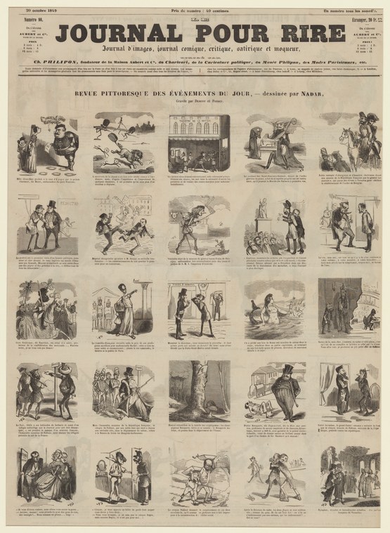 Twenty-five engraved scenes of theatrical pantomime characters in exaggerated poses, arranged in a grid; title reads La Filleule des Fées.