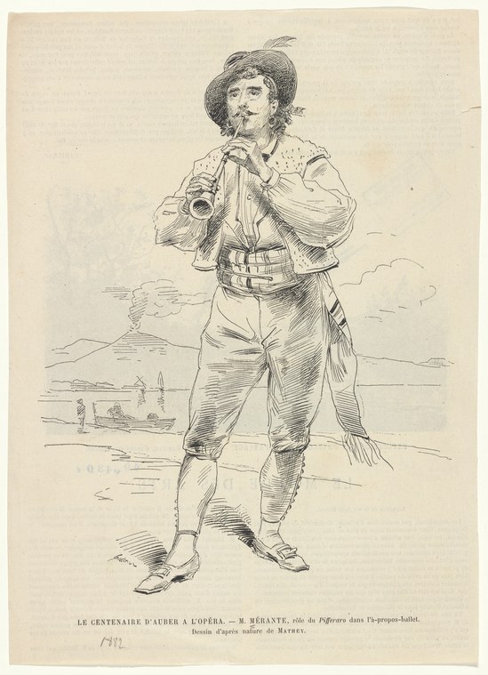 A man in 19th-century stage costume plays a wind instrument, standing alert with one leg advanced, wearing a feathered hat and fitted breeches.
