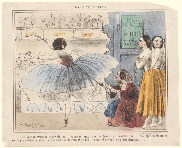 A woman in an enormous crinoline skirt performs a high leg extension in a classical dance pose, observed by two other figures in an academic setting.