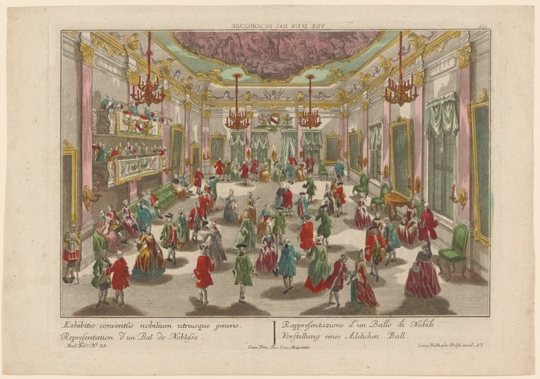A formal ball in a grand palace hall with nobles in colorful dress dancing in pairs as spectators watch from the walls.