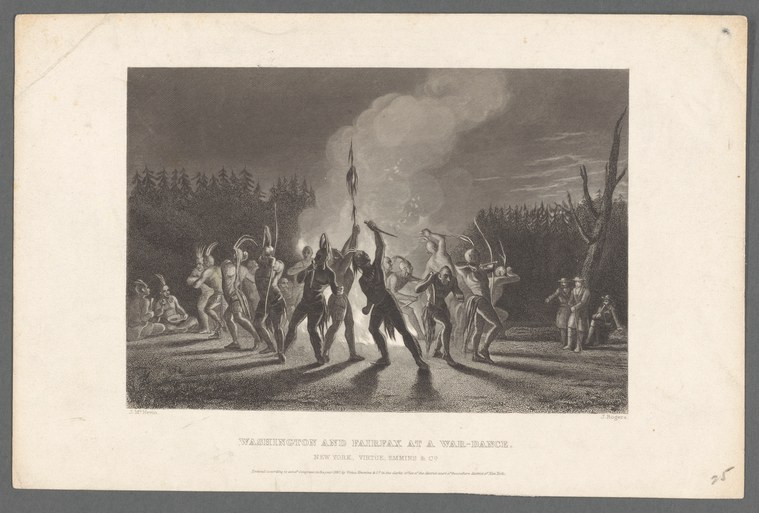 Engraving of Indigenous dancers in a circle around a bonfire at night, with two colonial figures elevated in the center, surrounded by dense forest.