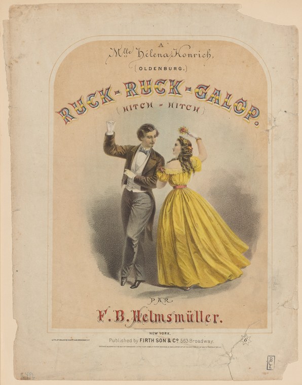 A man in a tailcoat and a woman in a yellow ball gown face each other with raised arms in a playful social gesture.
