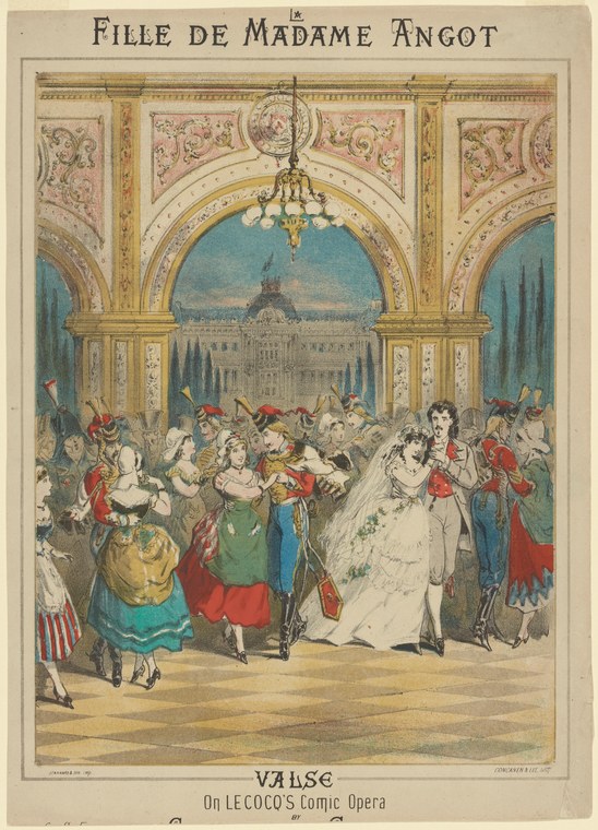 Formal ballroom scene of dancers in 1890s dress beneath an ornate vaulted ceiling, with the Eiffel Tower visible through arched windows.
